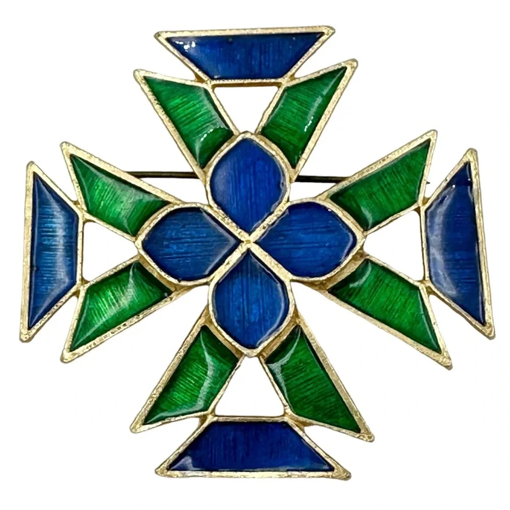 Vintage FLORENZA Green & Blue Enamel Maltese Greek Cross Pin Brooch